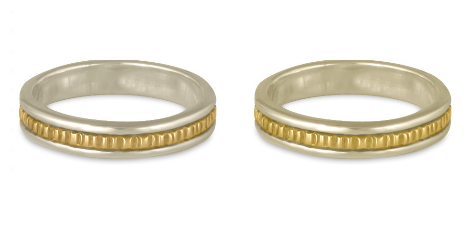 These two tone wedding bands demonstrate the differences between 14K and 18K white gold and yellow gold.